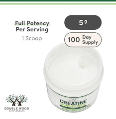 Close-up of Double Wood Creatine Monohydrate label highlighting vegan and gluten-free features