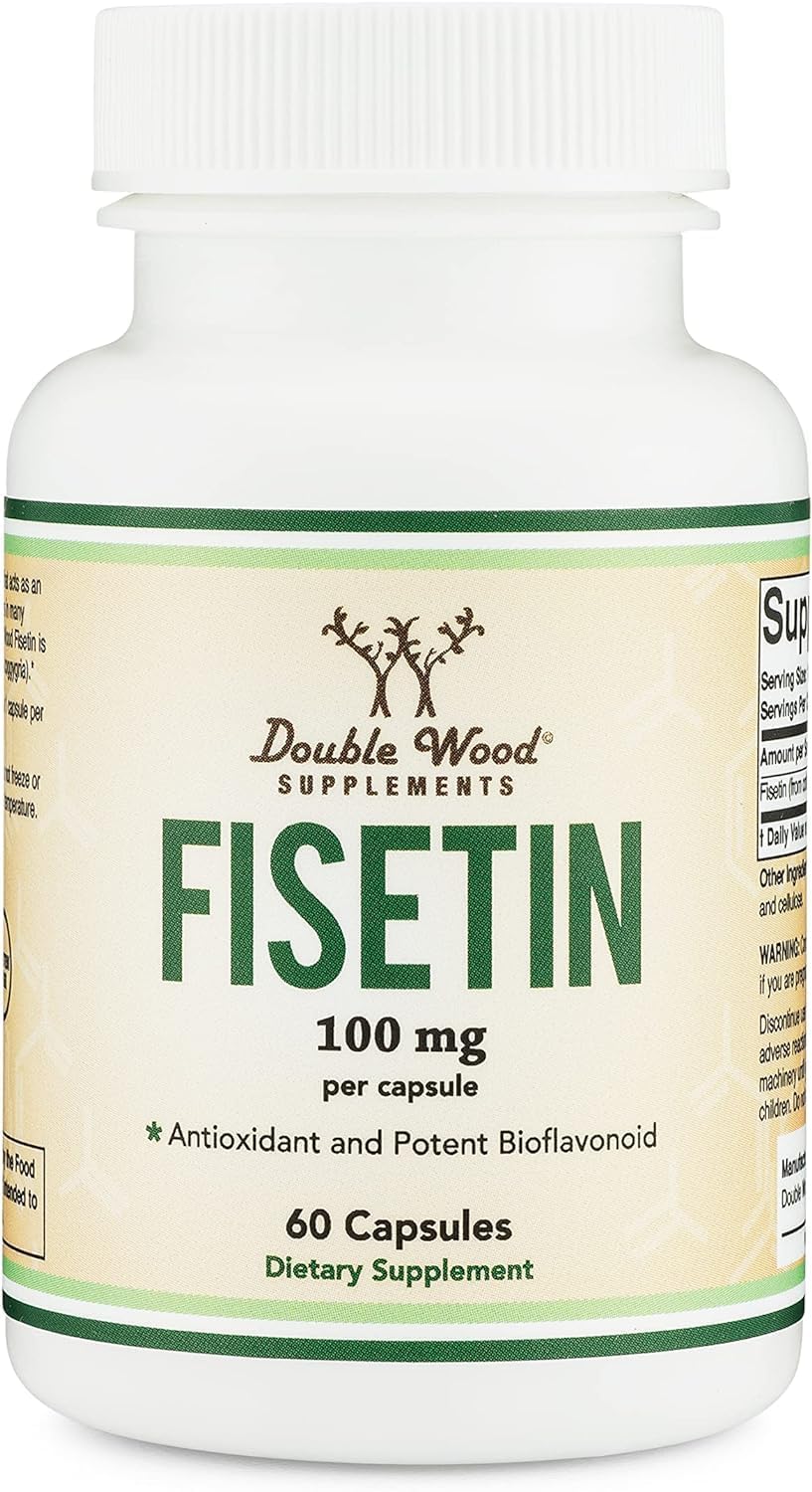 Double Wood Fisetin bottle front shows clear labeling for easy daily wellness planning.