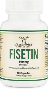 Double Wood Fisetin bottle front shows clear labeling for easy daily wellness planning.