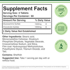 Close-up of tablets highlights the 1500 mg glucosamine and 1200 mg chondroitin formula