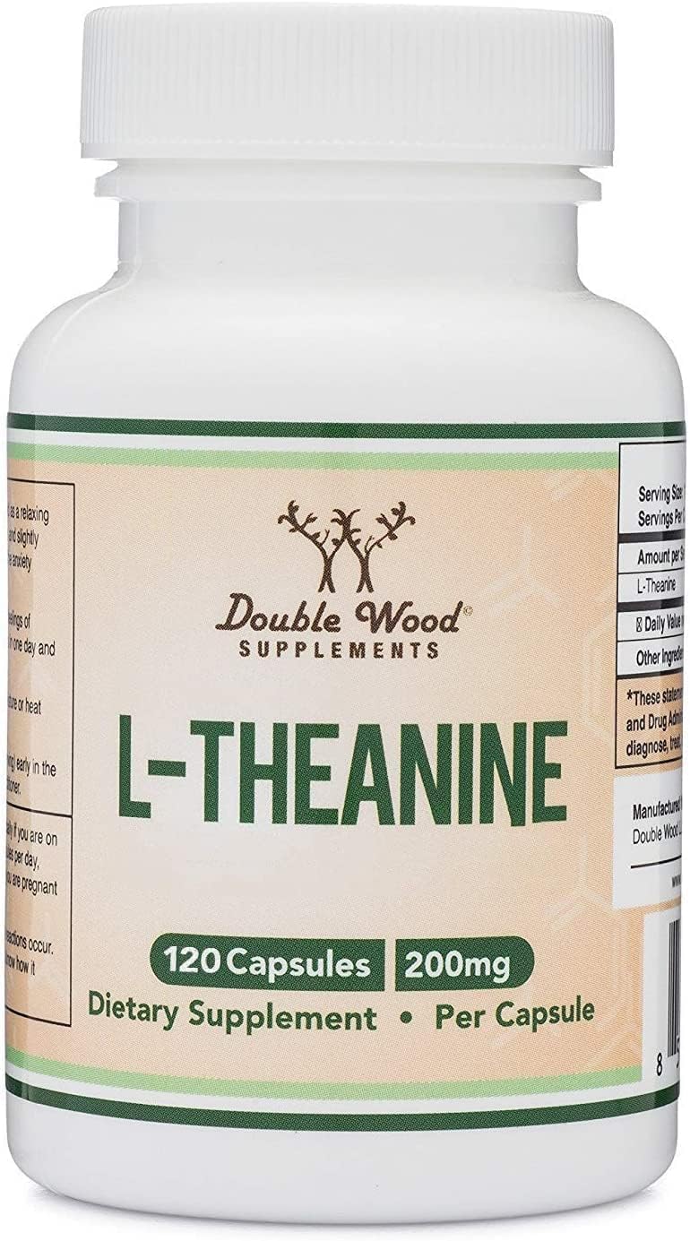 Double Wood L-Theanine 200mg bottle close-up, gluten-free and vegan.