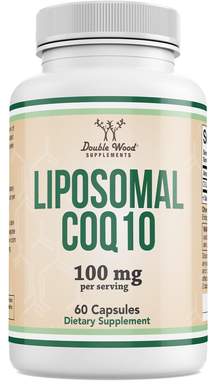 Double Wood Liposomal CoQ10 bottle supports daily energy with premium formulation.