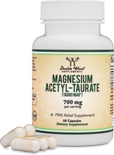 Double Wood Magnesium Acetyl-Taurate capsules in bottle, for PMS relief potential