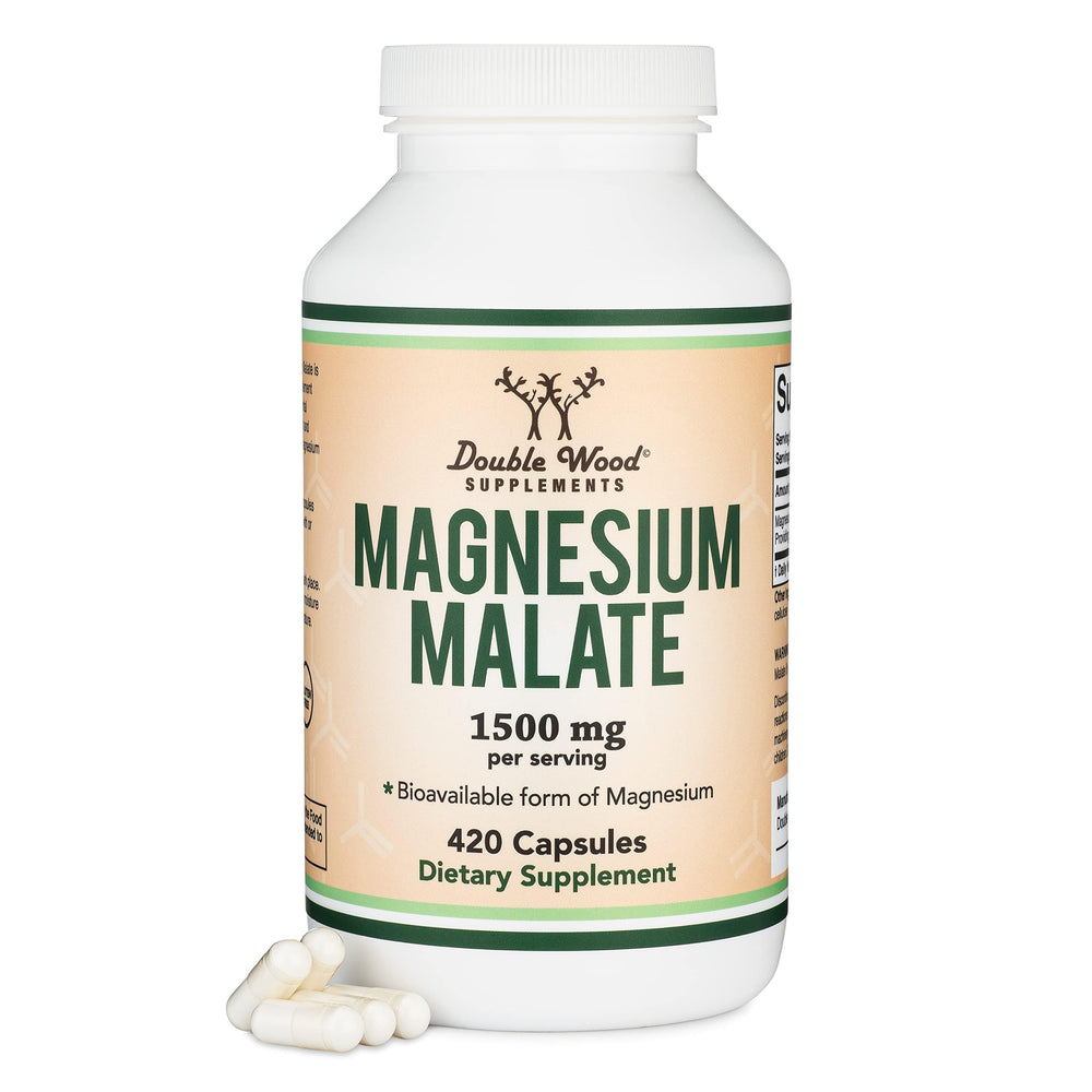 Double Wood Magnesium Malate capsules bottle highlighting 1,500 mg per serving for daily support