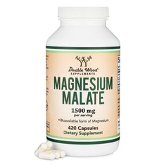 Double Wood Magnesium Malate capsules bottle highlighting 1,500 mg per serving for daily support