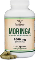 Double Wood Organic Moringa Capsules bottle shows 1000mg formula for daily energy support