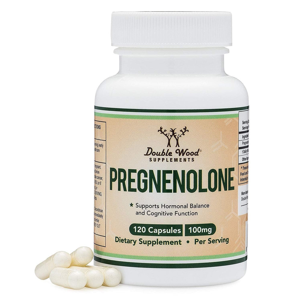 Double Wood Pregnenolone bottle with 120 capsules for brain support potential.