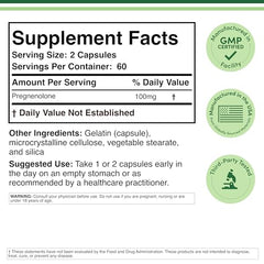 Close-up of Pregnenolone capsules highlighting non-GMO formula.