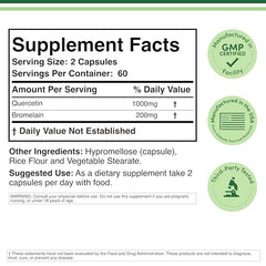 Close-up of Double Wood Quercetin-Bromelain capsules highlighting 1,200 mg per serving.