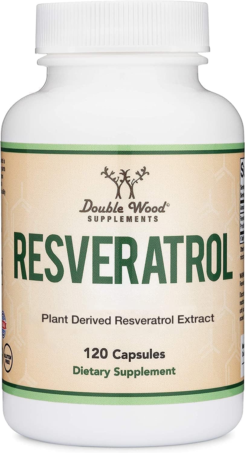Double Wood Resveratrol 500mg bottle front, suggesting daily antioxidant support.