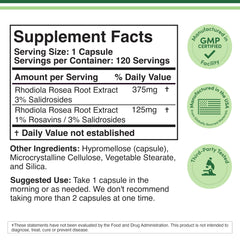 Double Wood Rhodiola Rosea 500mg bottle back label shows ingredients.