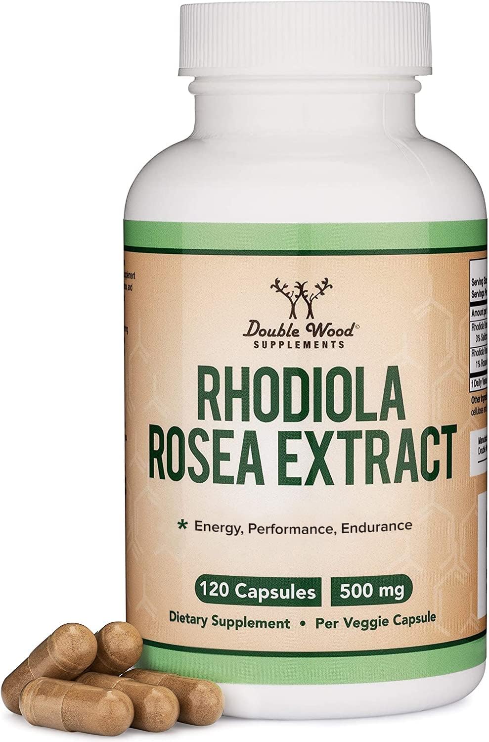Double Wood Rhodiola Rosea 500mg bottle front for daily focus support.
