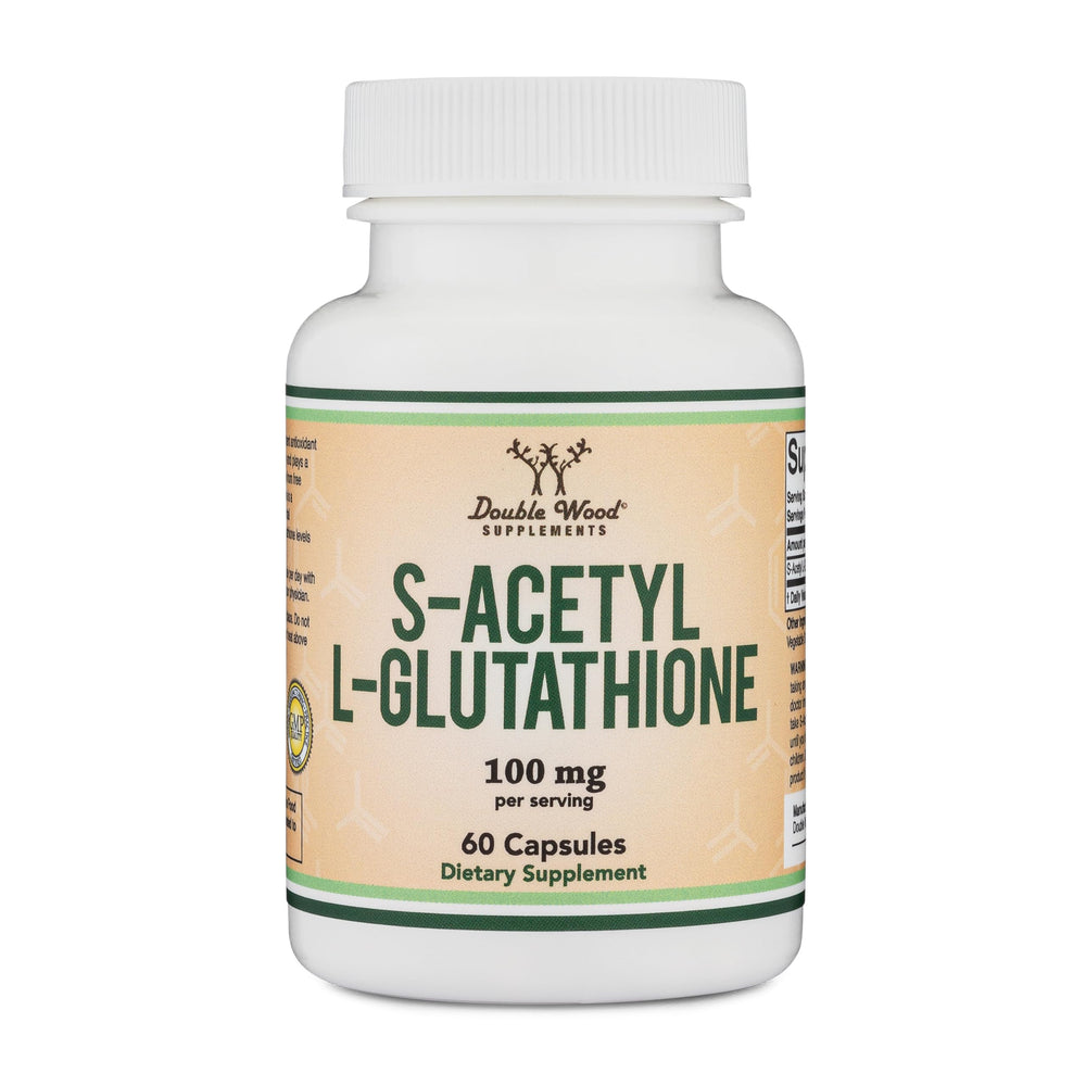 Double Wood S-Acetyl L-Glutathione bottle offering convenient antioxidant support