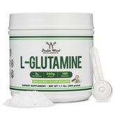 Double Wood L-Glutamine powder jar showing pure, unflavored formula for endurance and gut support.