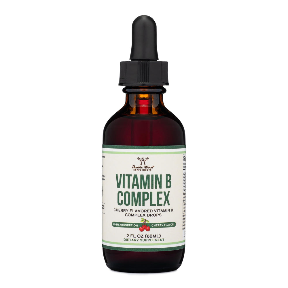Double Wood Supplements liquid B complex cherry bottle for easy daily energy support.