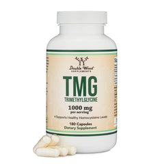 Double Wood TMG bottle front view signaling authentic trimethylglycine for active lifestyle support