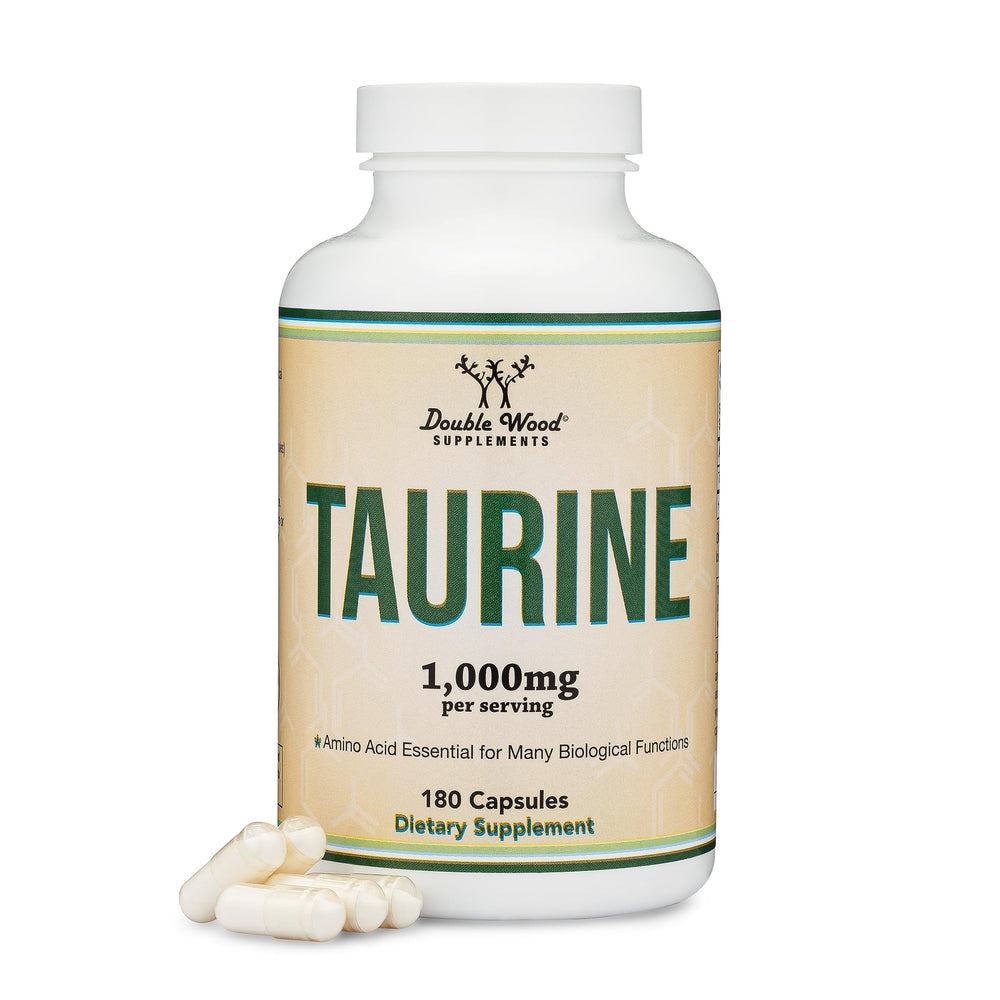 Double Wood Taurine 1000mg bottle highlighting daily wellness potential.