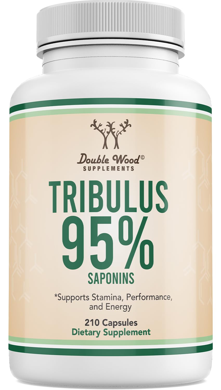 Double Wood Tribulus bottle highlighting 95% saponins potency for strong standardization