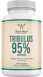 Double Wood Tribulus bottle highlighting 95% saponins potency for strong standardization