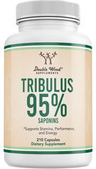 Double Wood Tribulus bottle highlighting 95% saponins potency for strong standardization