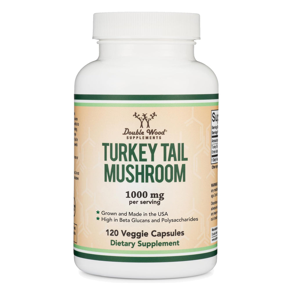 Double Wood Turkey Tail bottle front label highlighting immune support potential