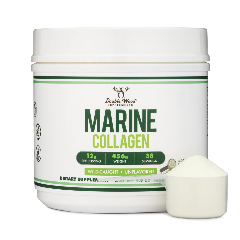 Double Wood Marine Collagen Powder bottle with unflavored, quick-dissolve formula.
