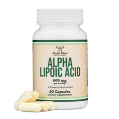 Double Wood Alpha Lipoic Acid 600mg bottle with clear label for quality.