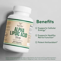 Double Wood Alpha Lipoic Acid label emphasizes gluten-free and non-GMO claims.