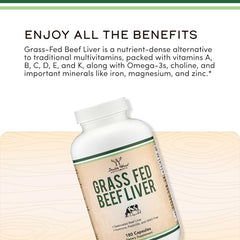 Double Wood Beef Liver Capsules label front emphasizing grass-fed source for trusted wellness.