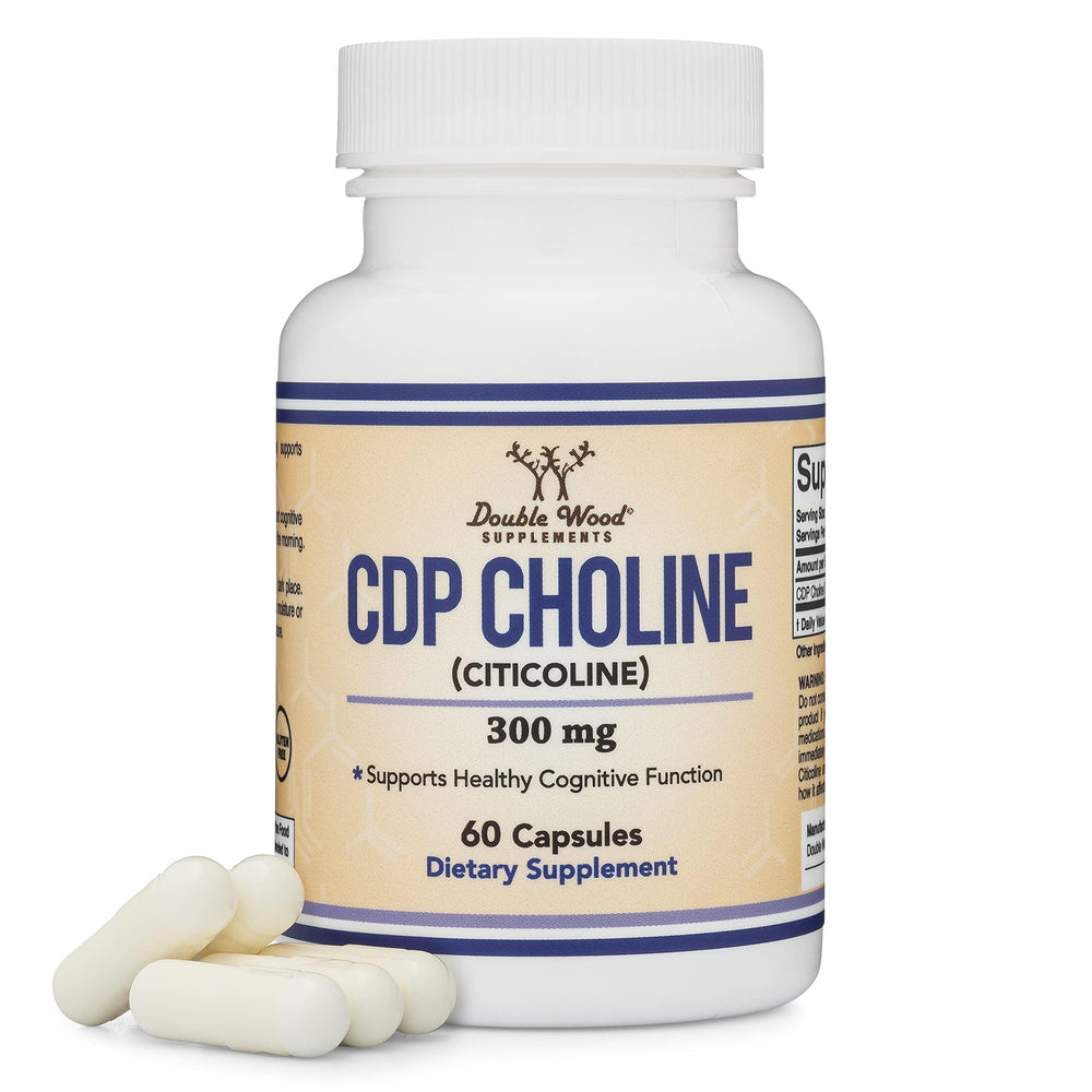 Double Wood CDP Choline bottle front shows premium, easy-to-swallow capsules for daily cognitive support.