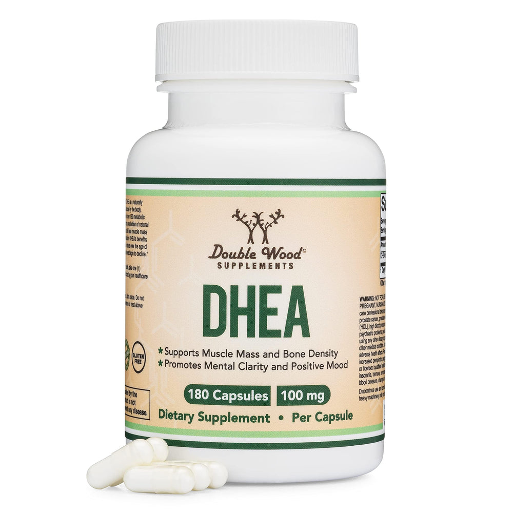 Double Wood DHEA 100mg bottle front view for supplement routine