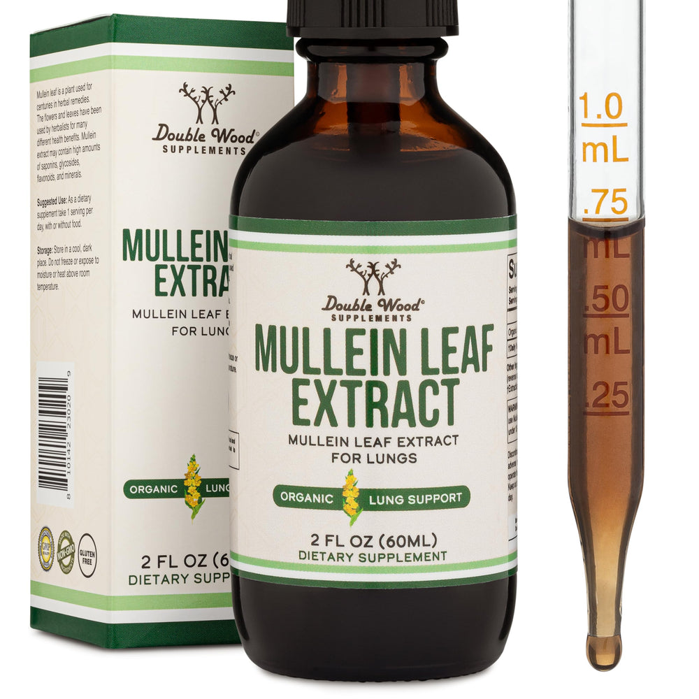Double Wood Mullein Leaf Drops bottle shows convenient dosing for lung support.