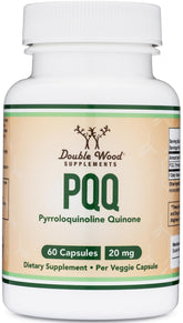 Double Wood PQQ 20mg bottle displaying capsules and daily energy potential.
