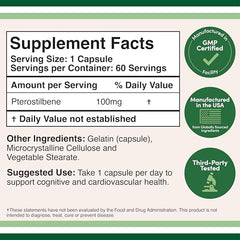 Double Wood Pterostilbene label close-up showing Non-GMO and gluten-free badges