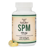 Double Wood SPM Max bottle label shows 500 mg per softgel for daily wellness support.