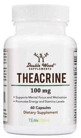 Double Wood Theacrine 100 mg bottle with capsules for steady energy potential