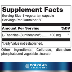 Douglas Laboratories L-Theanine bottle label highlighting pure 100 mg capsules for daily calm