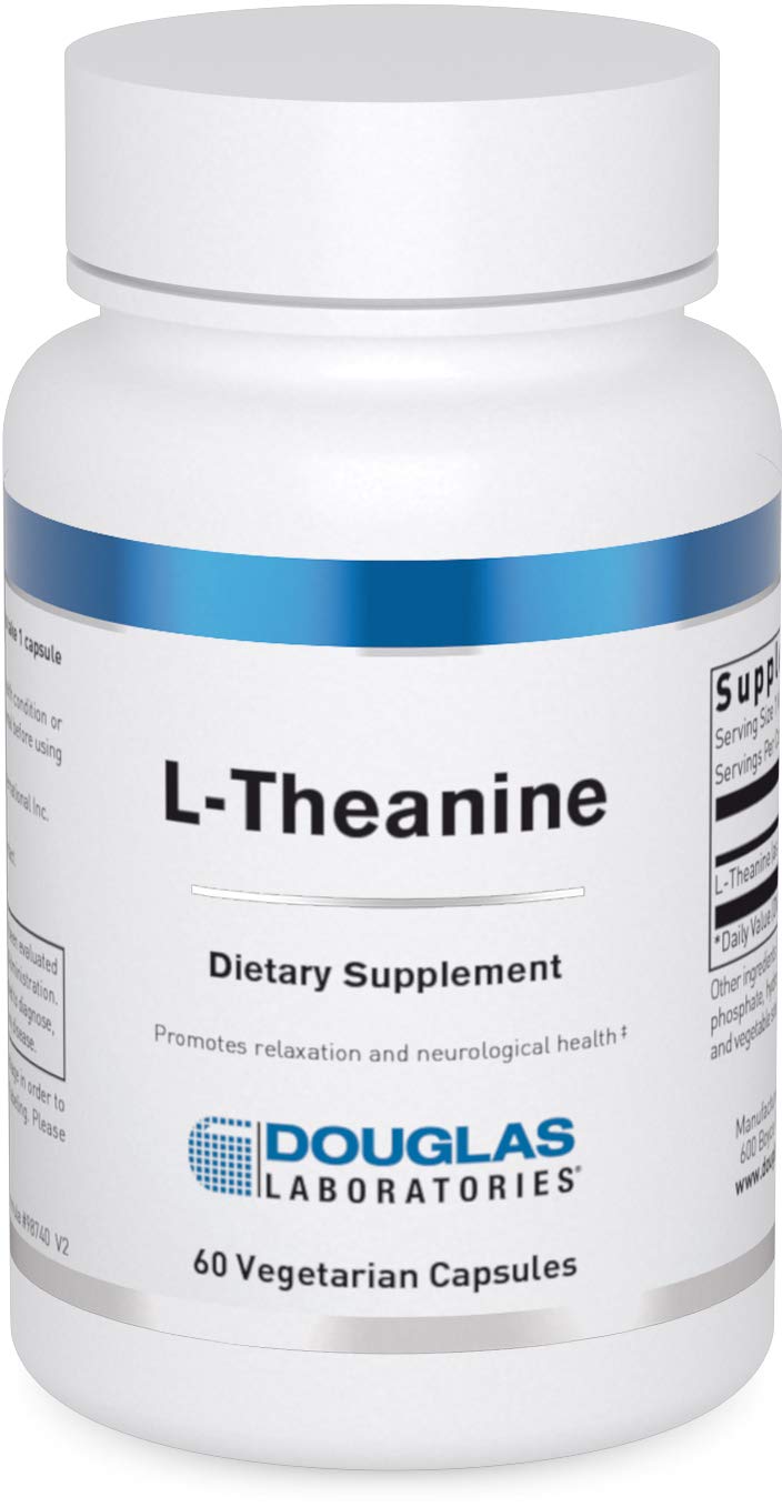 Douglas Laboratories L-Theanine capsule close-up showing a 100 mg dose for calm support