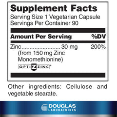 Douglas Laboratories Opti Zinc capsules closeup highlighting zinc monomethionine.