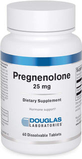 Douglas Laboratories Pregnenolone 25 mg tablets on front label indicating hormonal balance.