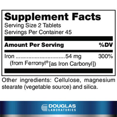 Douglas Laboratories Timed Released Iron label highlights carbonyl iron and release timing details.