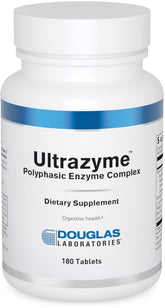 Douglas Laboratories Ultrazyme bottle shows digestive enzyme pills for protein and carbohydrate support