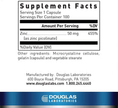 Douglas Laboratories Zinc Picolinate bottle label closeup highlighting ingredients and purity