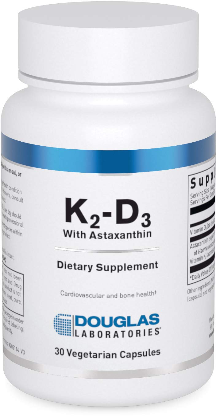 Douglas Laboratories K2-D3 with Astaxanthin bottle highlights antioxidant support.