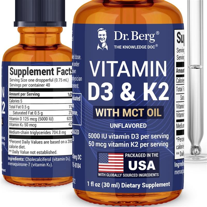 Dr. Berg D3 K2 liquid drops bottle shows high-potency bone and immune support