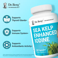 Label on Dr. Berg Sea Kelp Enhanced Iodine bottle highlighting Icelandic seaweed blend for daily use.