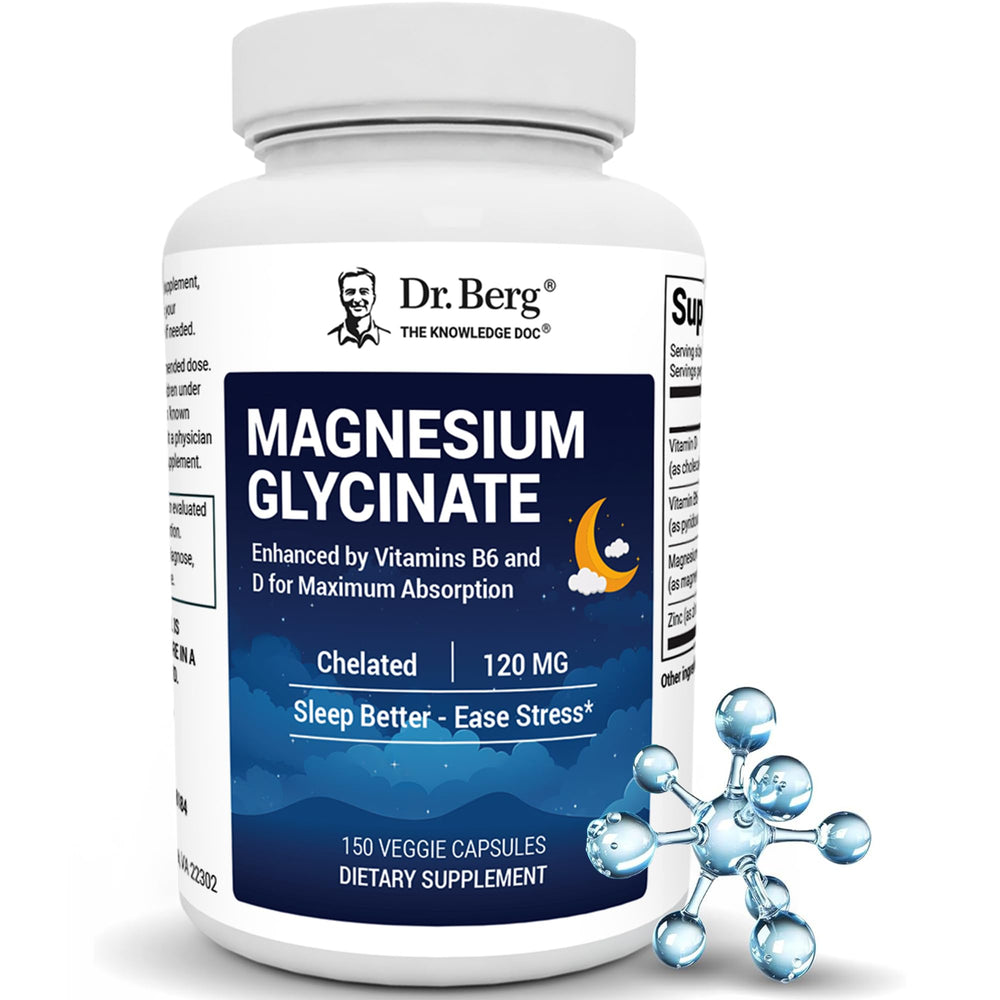 Dr. Berg Magnesium Glycinate capsules bottle for relaxation and sleep support.