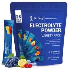 Dr. Berg sugar-free electrolyte packets variety pack on display for on-the-go hydration.