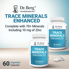 Dr. Berg Trace Minerals capsules on a bottle layout emphasize convenient daily supplementation.