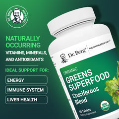 Close up of Dr. Berg's Greens label highlighting organic ingredients.